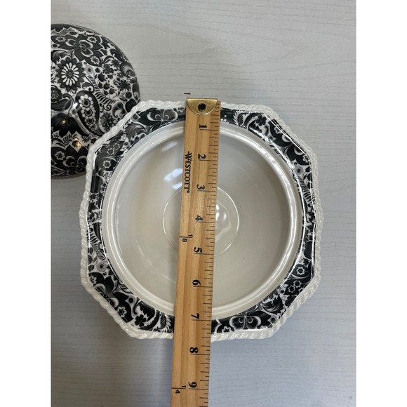 Vintage Black White Floral Black Calico Covered Dish Bowl Trinket Dish - Picture 3 of 8